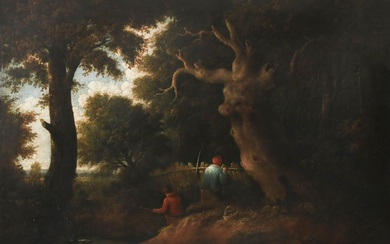 English School 19th Century Wooded landscape with boys fishing in a stream Oil on canvas...