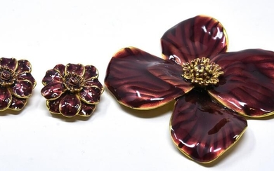 Erwin Pearl Enamel Flower Design Brooch & Earrings