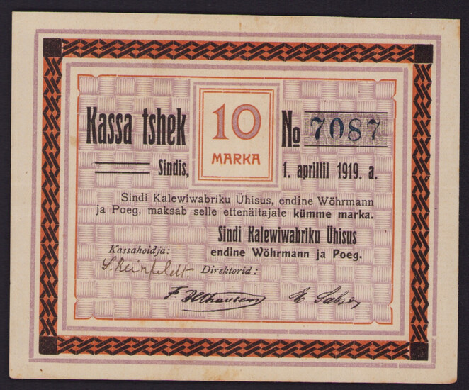Estonia Sindi cloth mill 10 Marka 1919 local note