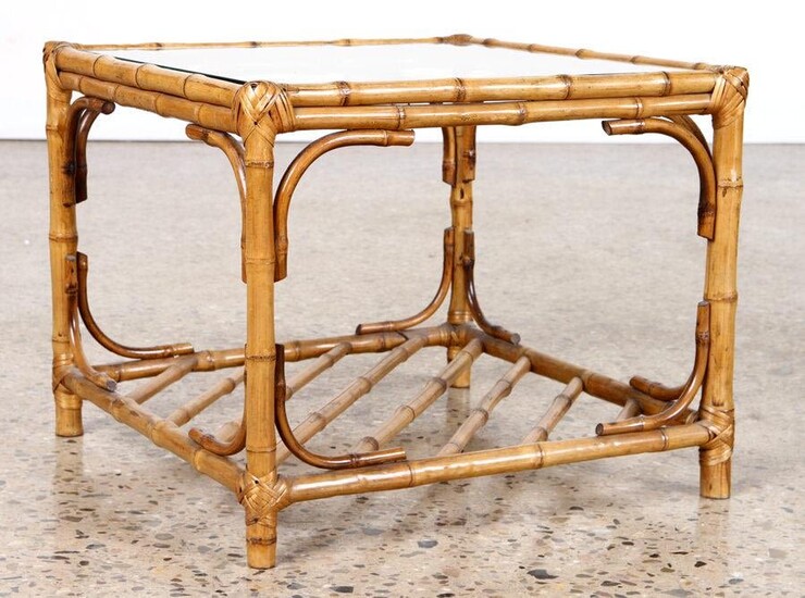 FRENCH BAMBOO GLASS TOP END TABLE C. 1960