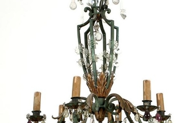FRENCH PAINTED GILT IRON CRYSTAL CHANDELIER C1920