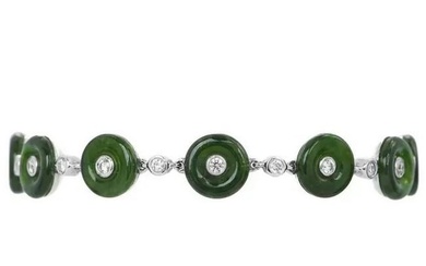 Fei Cui Natural Green Jade Diamond Platinum Round Link Bracelet
