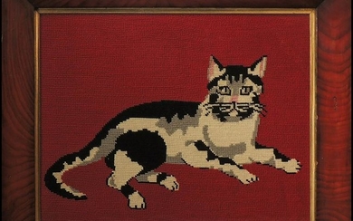 Fine Needlepoint Of A Black And White Tabby Cat On A