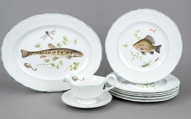 Fish service for 6 persons, 9 pieces, ceramic, Marlborough Old English Ironstone By Simpsons Potter