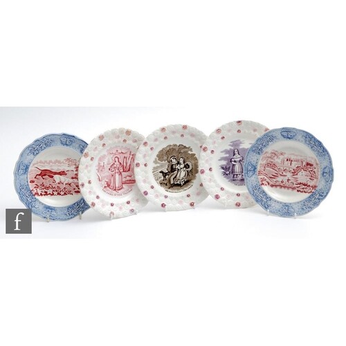 Five 19th Century nursery plates each with a transfer decora...
