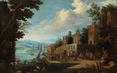 Flämischer Maler des 17. Jahrhunderts, FANTASIELANDSCHAFT MIT ERHOBENER STADT ÜBER EINEM FLUSS MIT REICHER FIGURENSTAFFAGE