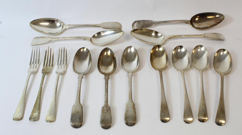 Four silver table spoons 1818, three dessert spoons 1843 and...