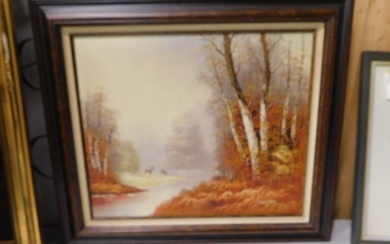 Framed Painting - Stream with Deer Signed Gorman
