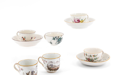 Frankenthal | SIX PORCELAIN CUPS AND THREE SAUCERS WITH BIRD DECOR, FLOWERS AND LANDSCAPE SCENES