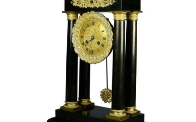 French Empire Ebonized Mahogany & Bronze Portico Clock