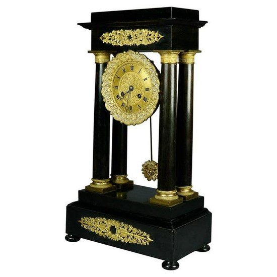 French Empire Ebonized Mahogany & Bronze Portico Clock