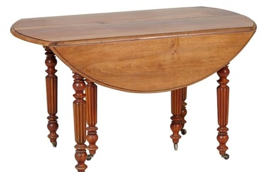 French Louis Philippe Walnut Drop Leaf Table, mid 19th c., the molded drop leaf top, on ring turned