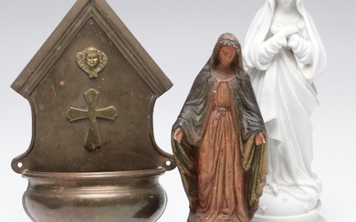 French Parian and Painted Porcelain Immaculate Madonnas with Holy Water Font