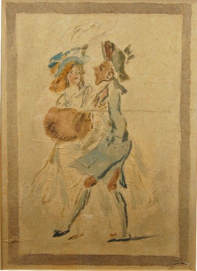 French School, late 18th/early 19th century- Fop and lady companion; wash and pencil, 24.5 x 17.5 cm