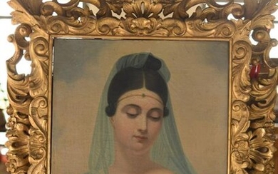 French school of the 19th century. Bust of a woman in blue in a cloud. (Decoration project ?) Oil on canvas unsigned, in a carved and lacquered wood frame (missing) 60x50 cm. With frame: 105x78 cm
