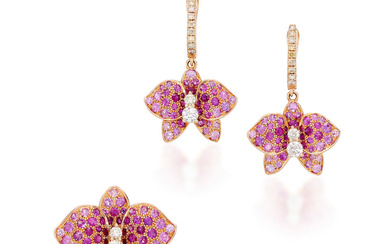 GEM-SET AND DIAMOND 'ORCHID' RING, AND PAIR OF PENDENT EARRING...