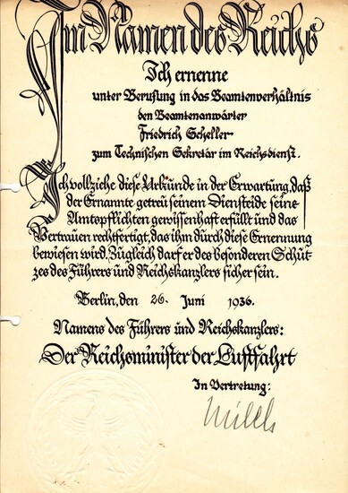 GERMAN DOCUMENT SIGNED MY GENERAL MILCH