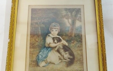 G.F. LITHOGRAPH GIRL WITH DOG 22 X 18.5 INC. FRAME