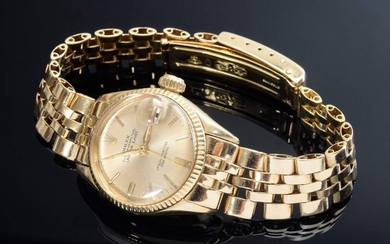 GG 750 Rolex "Oyster Perpetual, Lady Datejust" bracelet watch with Jubilé strap, automatic, line indices with luminous dots, large second, date with magnifying glass, sapphire crystal, engraved folding clasp, Ref. 6517, Cal. 1130, 50.9g, Ø 2.3cm...