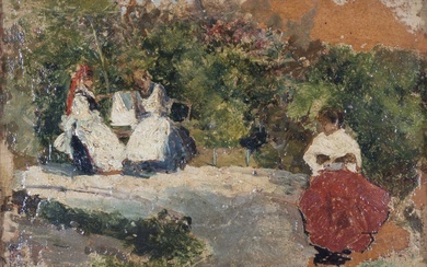 GIACOMO FAVRETTO (Venezia, 1849 - 1887) Conversazione in giardino olio...