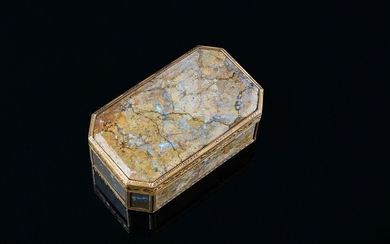 GOLDEN TABATIER, VIENNA, late 18th century. Rectangular shape with cut sides, decorated on each side with an agate fossil plaque with opal inclusions. Cage frame finely chiseled with a leafy frieze on an amatized background. Small accidents...