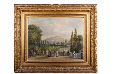 Gallant scene in the garden late 19th centuryoil painting on canvassigned, framed46 x 6 1 cm