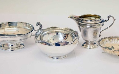 George V silver twin-handled pedestal bowl, George V cream jug, etc
