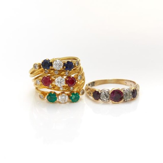 Gold, Gem-Set and Diamond Five Band Ring and Antique Gold, Ruby and Diamond Ring