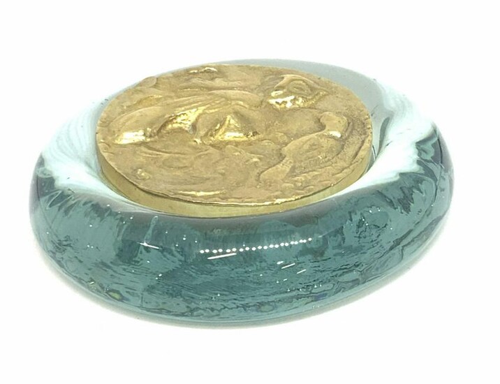 Gold Tone OWL COIN Art Glass Paperweight, Org Box