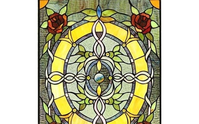 Golden Ring of Roses Stained Art Glass Panel