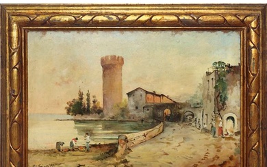 Giacinto Gigante (Napoli, 1806 - Napoli, 1876) Attributed to, Golfetto with ancient tower and characters, nineteenth century