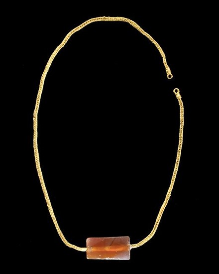 Greek 22K+ Gold Braided Necklace w/ Carnelian Pendant