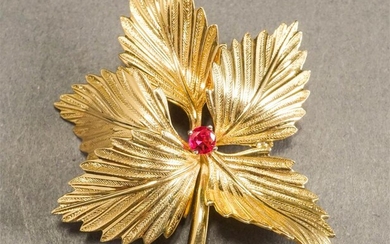Grosse German 14-Karat Yellow-Gold Ruby 'Leaf' Brooch, 6.4 gross dwt., L: 1-3/4; W: 1-1/2 in