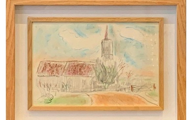 Gustave LOISEAU (1865-1935) Paysage à l église Crayon de couleur, cachet d atelier en bas...