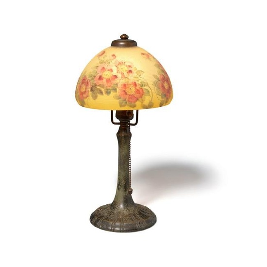 HANDEL (ESTABLISHED 1885) Red Rose Linenfold Table Lampcirca 1920interior painted glass, patinat...