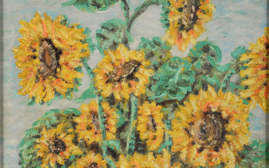 HEINRICH HAMPE. Still Life "Sunflowers". Oil on hardboard. Dating 1958.