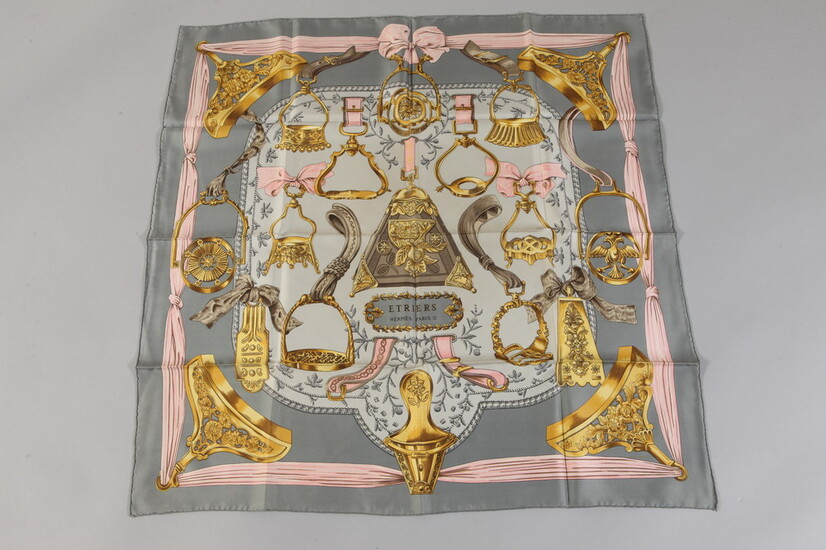 HERMES GREY, PINK AND WHITE SILK "CARRE" SCARF WITH "ETRIERS"...