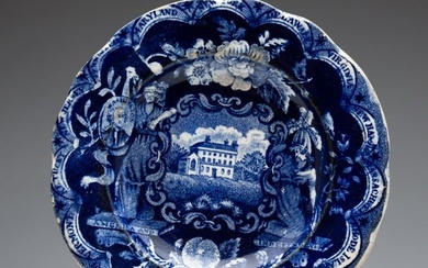HISTORICAL STAFFORDSHIRE AMERICAN VIEW BLUE TRANSFER CUP PLATE.