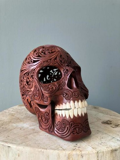 Hand carved Human skull - Traditional Hindu Carving