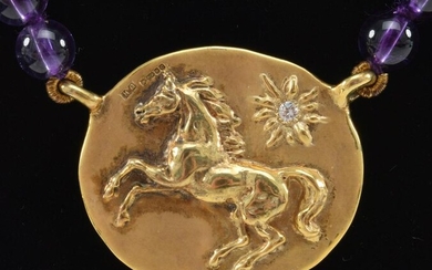 Harriet Glen 9K gold horse medallion necklace, amethyst