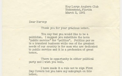 Herbert Hoover TLS Re: Important Distinction Between "public service" and "politics"