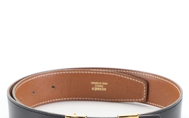 Hermès Reversible H Belt in Black Box Calf/Natural Sable Togo Leather with Box