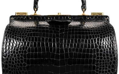 Hermès Shiny Black Crocodile Sac Mallette Bag with Gold...