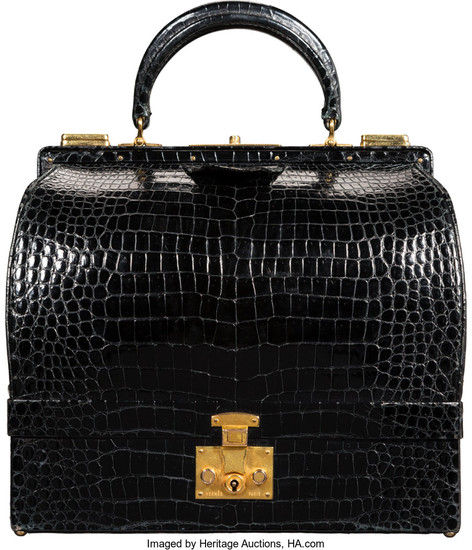 Hermès Shiny Black Crocodile Sac Mallette Bag with Gold...