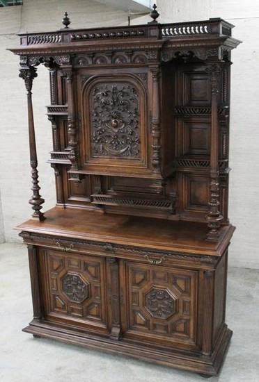 IMPRESSIVE FRENCH CARVED SOLID WALNUT CABINET ON STAND