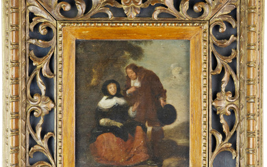 Ignoto Antico dipinto raffigurante "Scena galante"" olio su tavola (cm 14,5x12,5) timbro a ceralacca al verso in cornice (difetti)