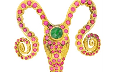 Ilias Lalaounis, Zolotas Gold, Cabochon Emerald and Ruby Ram's Head Brooch