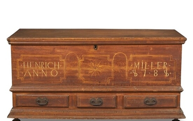 Important Heinrich Miller Chippendale Sulfur-Inlaid Sycamore Blanket Chest, Dauphin County, Pennsylvania, Dated 1781