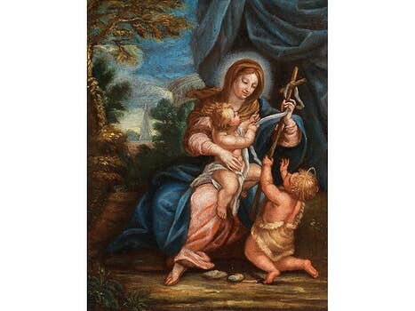 Italienischer Maler des 16./ 17. Jahrhunderts, DIE MADONNA MIT DEM JESUSKIND UND JOHANNES DEM TÄUFER
