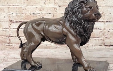 J. Moigniez Inpired Bronze Guardian Lion Statue Sculpture on Marble Base - 11" x 14"
